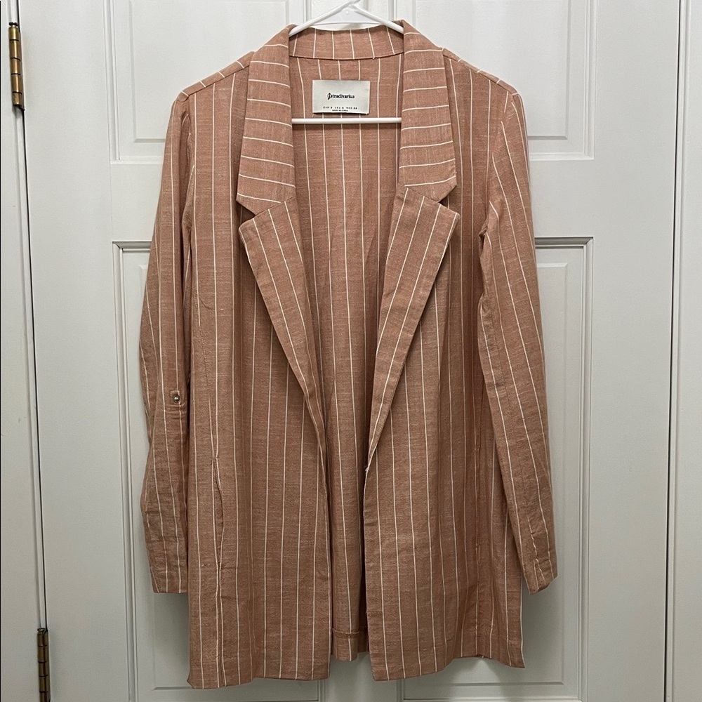 Stradivarius Brown and White Striped One Button Closure Casual Blazer - Sz Small